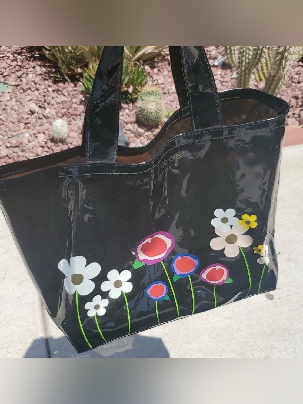 Marc Jacobs Black Patent Tote with Colorful Floral Appliqués